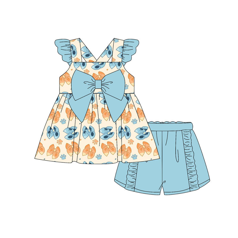Light Blue Floral Sleeveless Stripe Kids Girls Clothing Set Summer Casual Outfit for Girls Ages 4-12