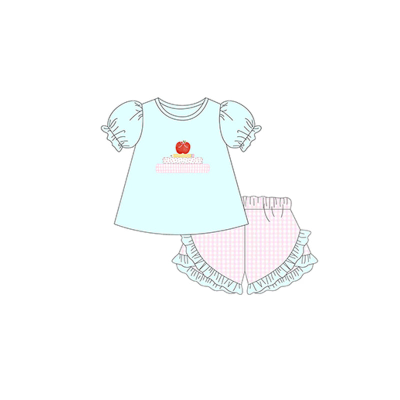 Kids Apple Pattern Short-Sleeved Top And Plaid Shorts Set Cute Back-To-School Outfit for Boys And Girls