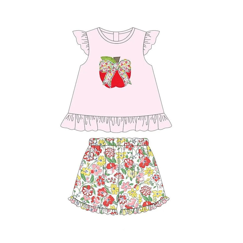 Girls Floral Ruffle Pink Apple Bow Dress Cute Back to School Outfit for Kids