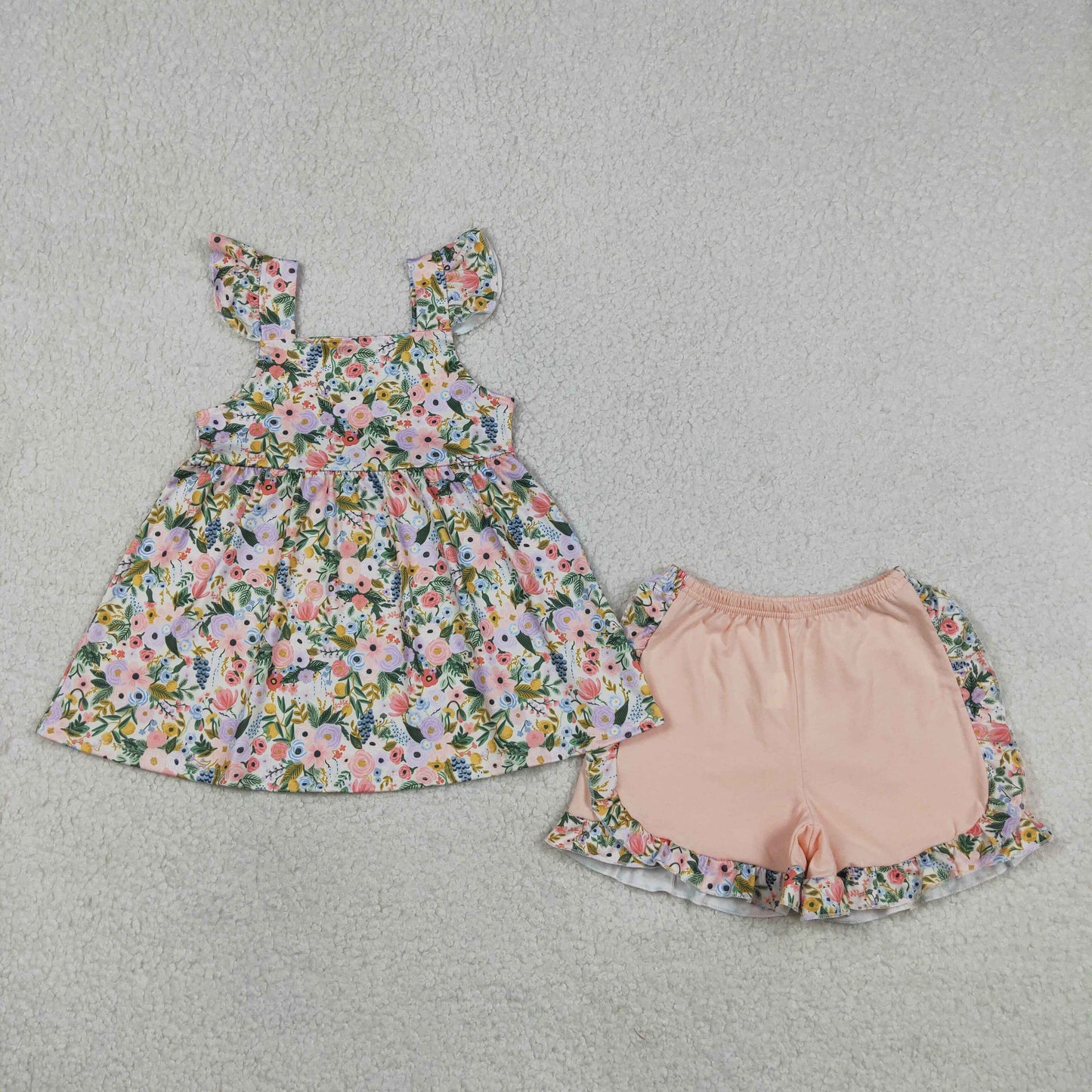 GSSO2180 RTS NO MOQ （In stock ）Flutter sleeves floral tunic ruffle shorts girls clothing