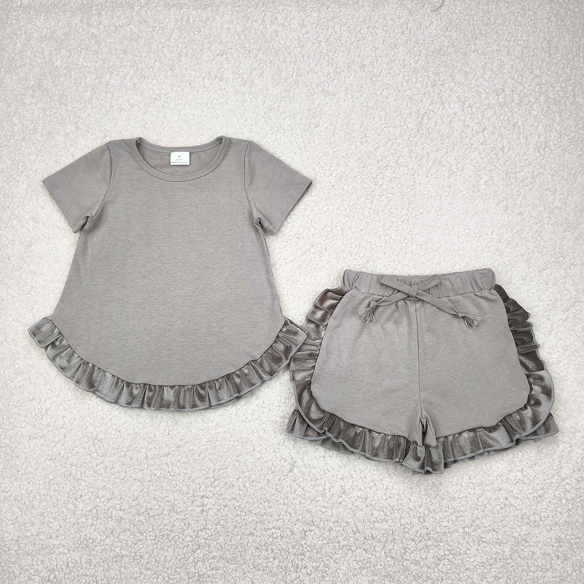 6.21 GSSO2182 RTS NO MOQ Baby Girls Summer Outfits Pure gray green lace short sleeve shorts suit