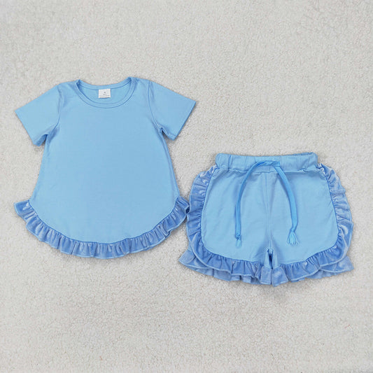 4.30 GSSO2183 RTS NO MOQ Baby Girls Blue Short Sleeves Tunic Ruffle Short Set