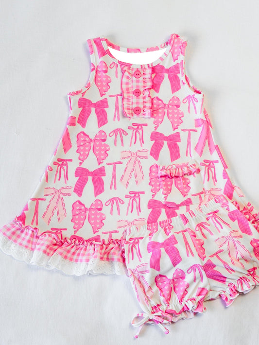 GSSO2187Girls Pink Bow Ruffle Sleeveless Pajamas Set Top And Shorts Nightwear Comfortable Sleep Suit for Ages 3-12