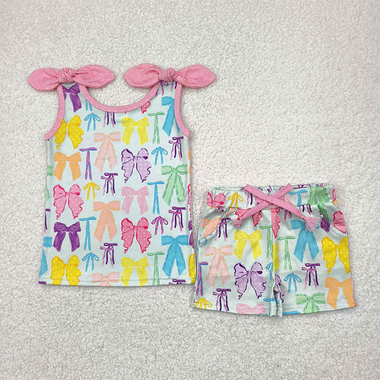 6.09   GSSO2188RTS NO MOQ Baby Girls Summer Outfits baby girl clothes bow sleeveless shorts set