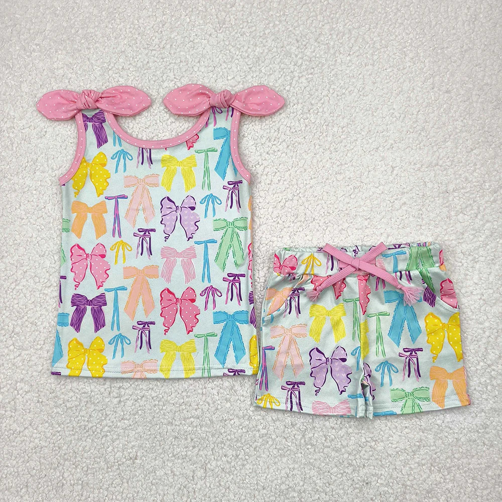 11.12 RTS Sibling Baby Girls Colorful Bows Tops Shorts Outfits Sets