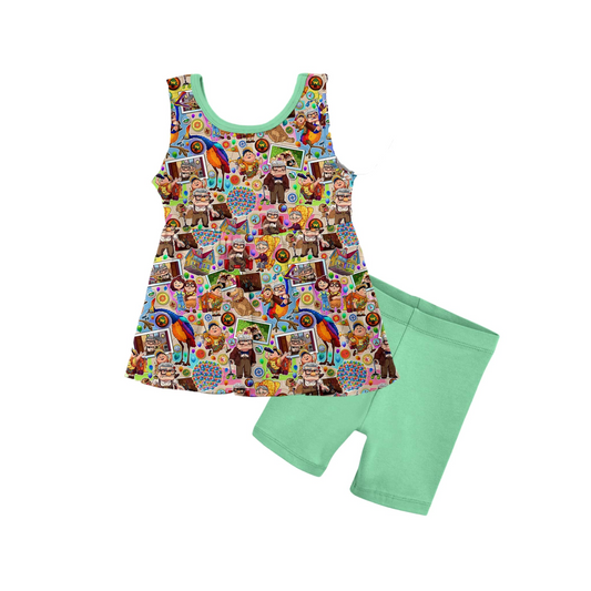 GSSO2189Girls Sleeveless Balloon Tunic Top with Green Shorts - Casual Comfortable Girls Clothing Set for Spring/Summer