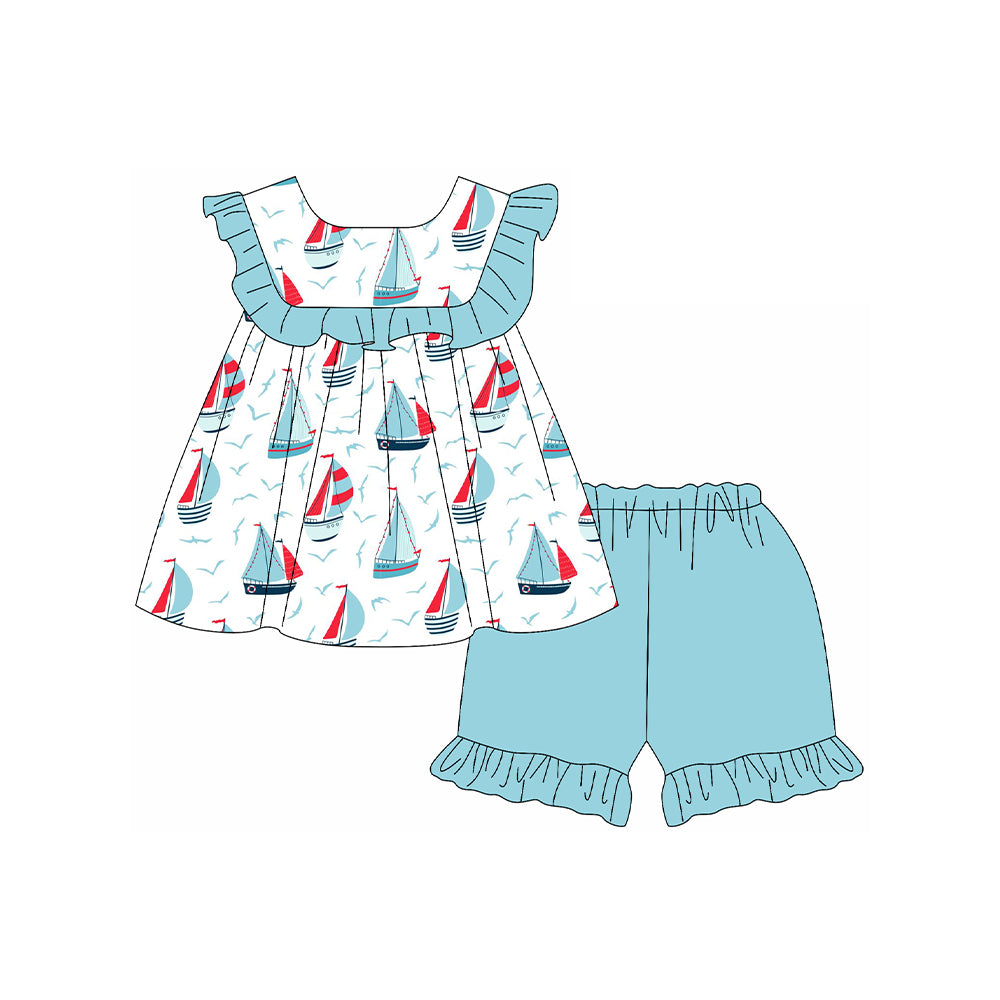 Girls Light Blue Ruffle Boat Tunic Short Set Summer Clothing Set Cute Flounce Top Matching Shorts for Little Girls