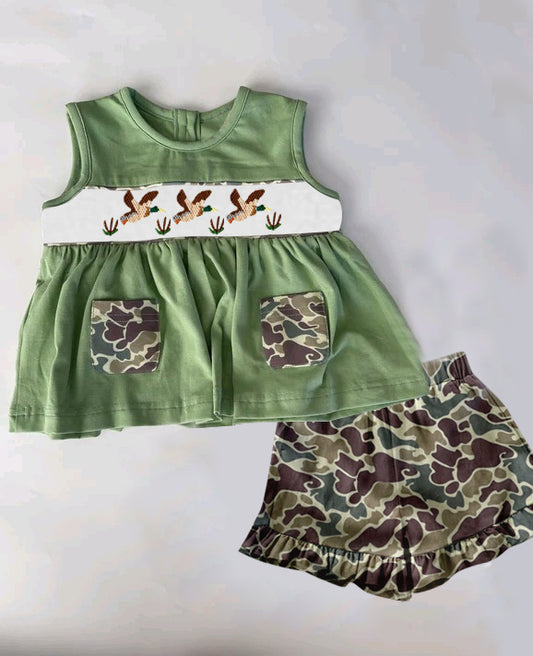GSSO2193Girls Sleeveless Duck Camouflage Tunic Short Set with Pockets Children's Casual Summer Outfit