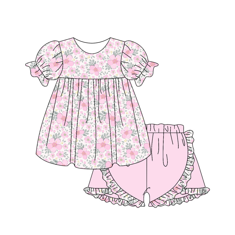 Girls Outfit Short Sleeve Pink Floral Tunic Top with Ruffle Shorts Set Cute Children's Clothing for Ages 5-12