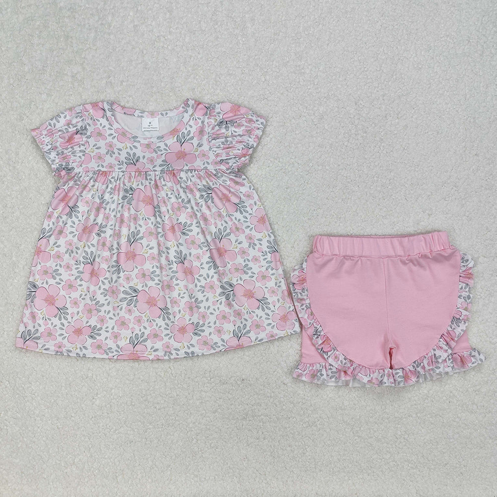 6.04   New Rts No Moq 8-9 Days By Air Arrived it Girls Outfit Short Sleeve Pink Floral Tunic Top with Ruffle Shorts Set Cute Children's Clothing for Ages 5-12