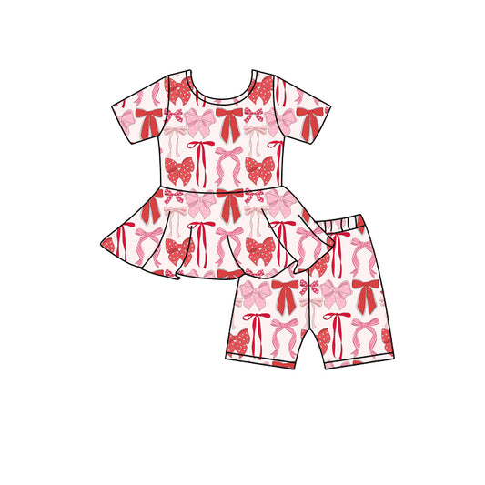 GSSO2196Short sleeves pink red bow peplum shorts girls clothing set