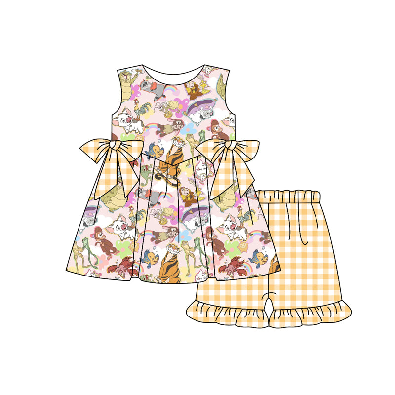 Girls Sleeveless Fish Tiger Tunic Yellow Plaid Shorts Set Summer Casual Comfortable Clothing Outfit for Kids