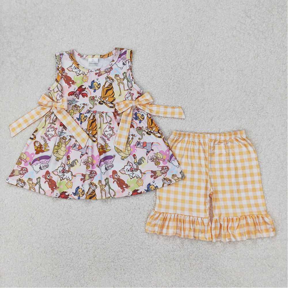 4.25 GSSO2197  RTS NO MOQ Sleeveless fish tiger tunic yellow plaid shorts girls clothing