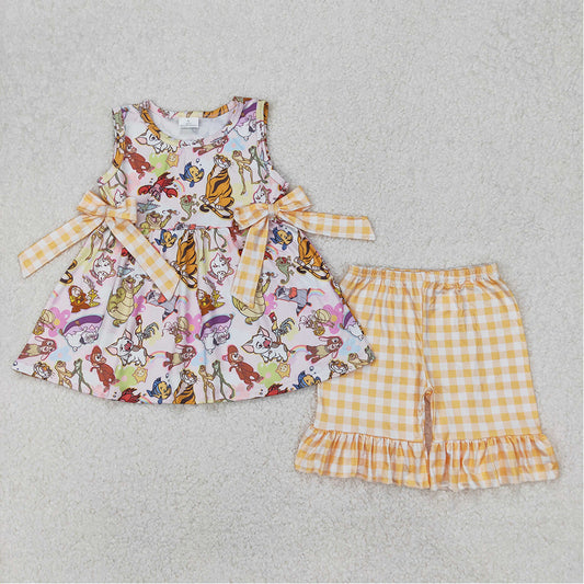 4.25 GSSO2197  RTS NO MOQ Sleeveless fish tiger tunic yellow plaid shorts girls clothing