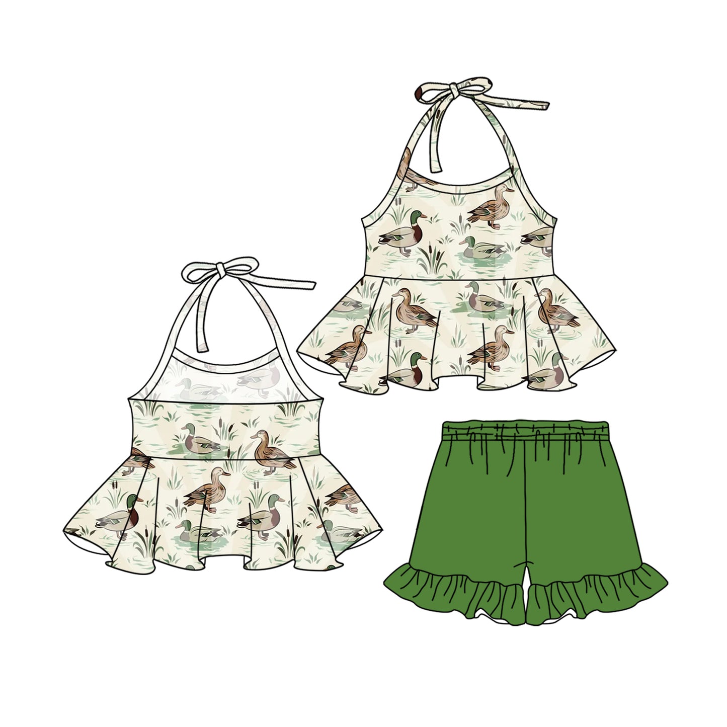 Girls Duck Halter Top Green Ruffle Shorts Outfit Set Cute Animal Print Halter Neck Short Sleeve Matching Clothing Set