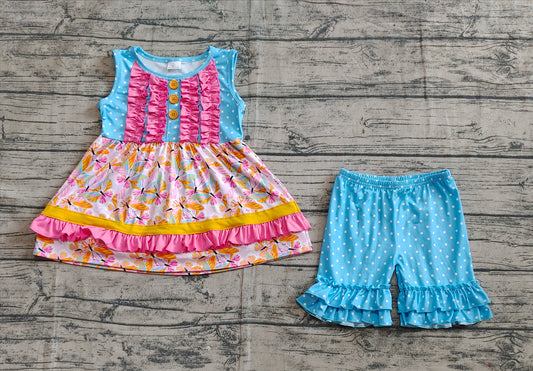 4.21 GSSO2199 RTS NO MOQ Baby Girls Summer Outfits  Baby Girls Butterfly Ruffle Tunic Shorts Clothes Sets