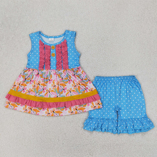 GSSO2199RTS NO MOQ Baby Girls Summer Outfits Girls Butterfly Ruffle Tunic Polka Dots Shorts Outfit Set Cute Feminine Clothing Ensemble for Little Girls