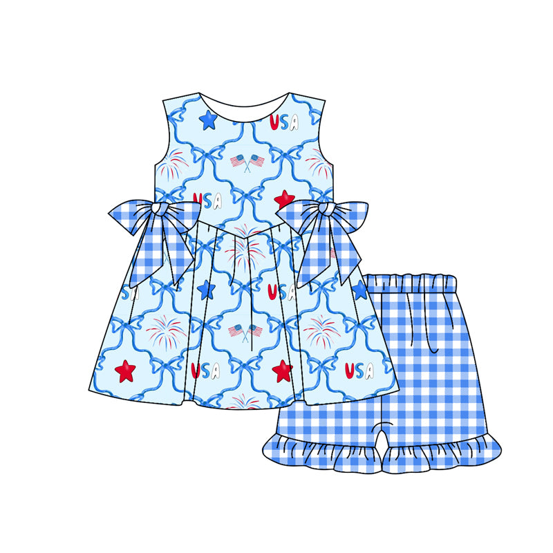 Kids Sleeveless Light Blue Bow Flag Stars Outfit Girls 4th of July Patriotic Clothing