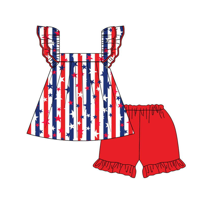 Girls Red/Blue Stripe Stars Tunic Shorts Outfit for 4th of July - Patriotic Summer Apparel