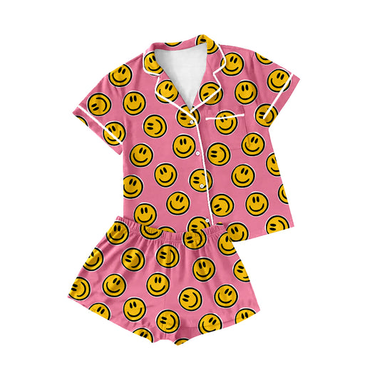 GSSO2202Adult Women's Pink Short Sleeve Button down Pajamas Smiley Design Comfortable Sleepwear