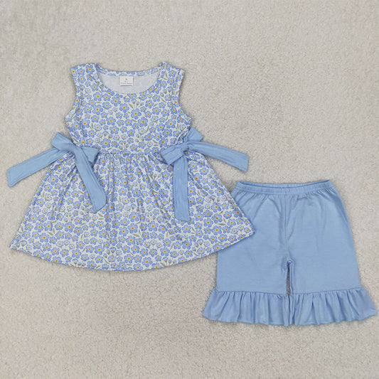 4.14 GSSO2204 RTS NO MOQ Baby Girls Summer Outfits Sleeveless floral bow tunic ruffle shorts girls clothing