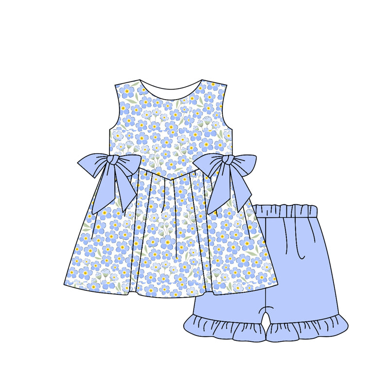 Girls Sleeveless Floral Bow Tunic Ruffle Shorts Set Cute Casual Clothing Outfit for Kids
