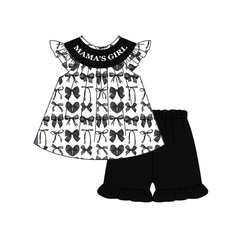 Baby Girls 'Mama's Girl' Outfit Set with Black Bows Tunic Top And Ruffle Shorts Adorable Children's Clothing Ensemble