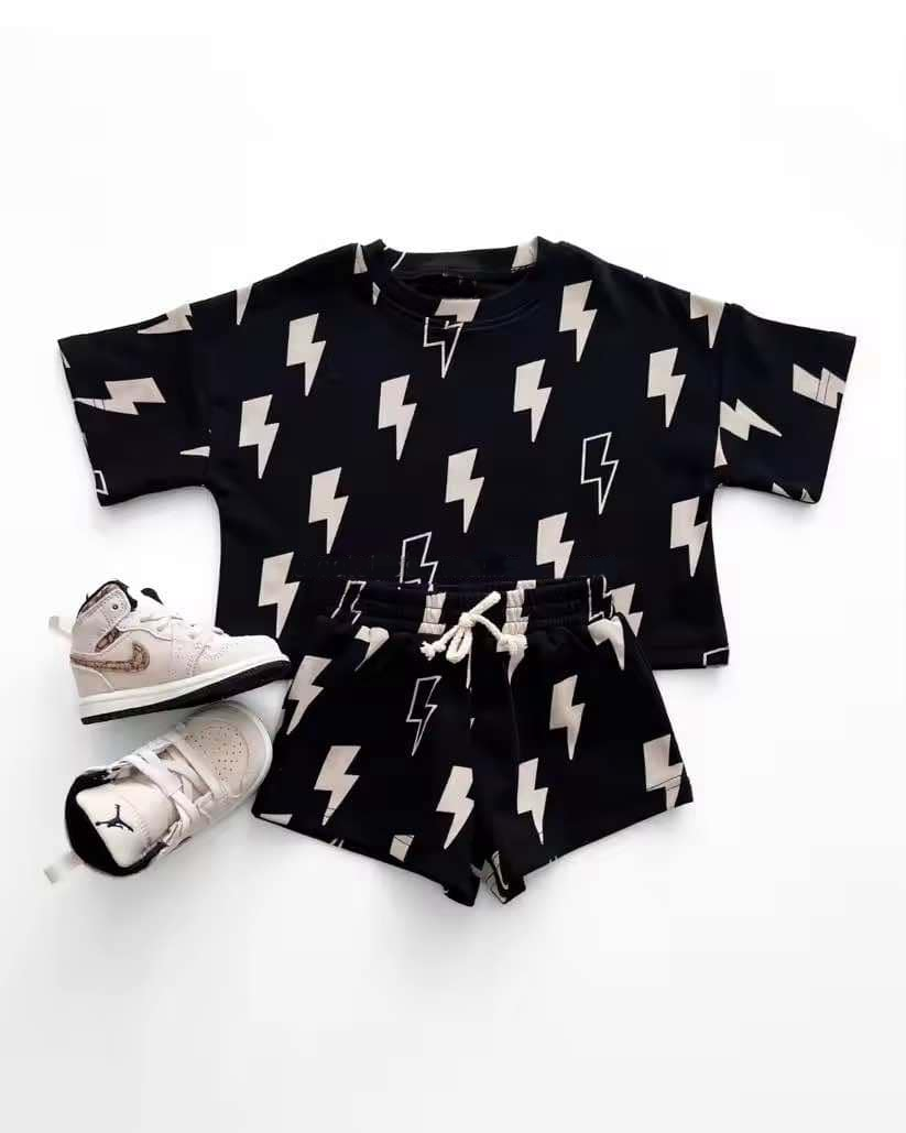 GSSO2206Kids Thunder Top Shorts Set Short Sleeves Black Clothing for Children