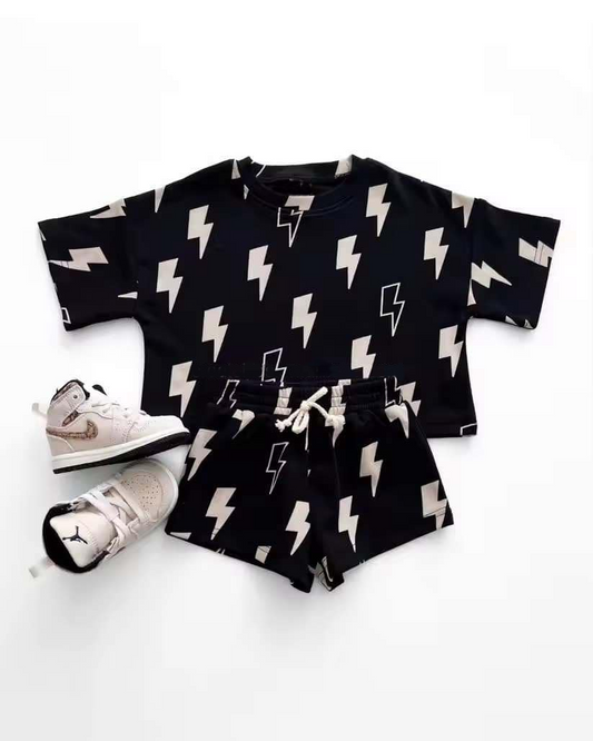 GSSO2206Kids Thunder Top Shorts Set Short Sleeves Black Clothing for Children