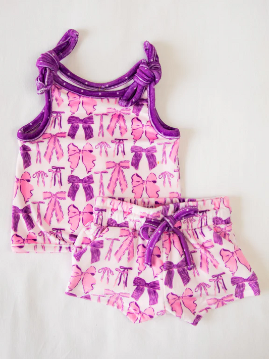 GSSO2207Kids Girls Purple Sleeveless Bow Top Shorts Set Cute Casual Clothing Outfit for Children