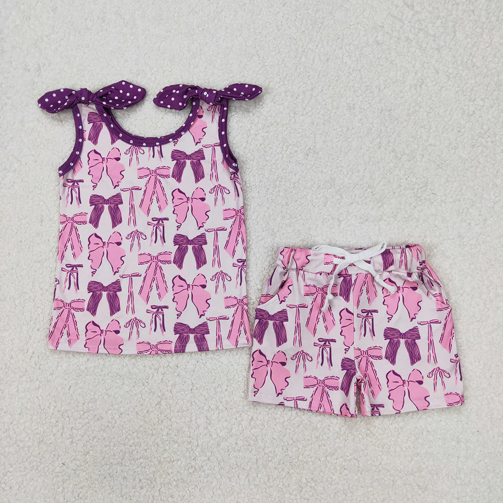 12.5 RTS Sibling Baby Girls Purple Bows Summer outfits Clothing Sets