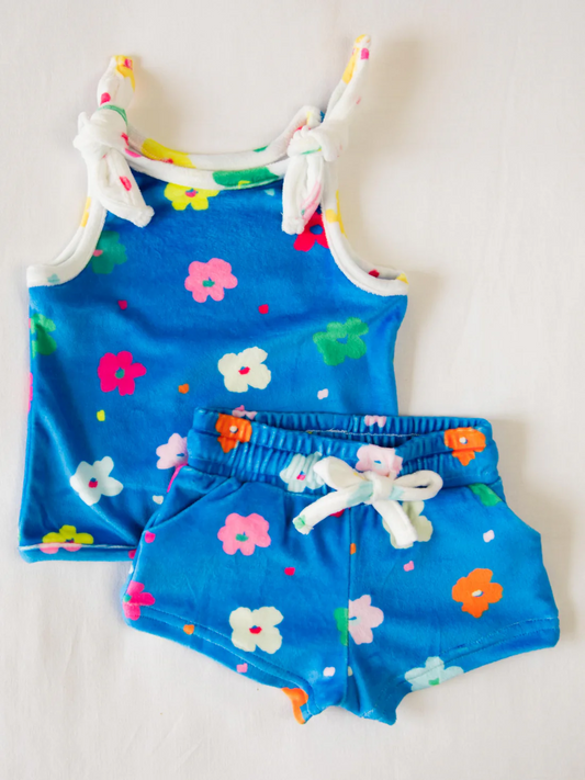 GSSO2208Blue Floral Sleeveless Top Shorts Set Kids Girls Clothing Summer Outfit Casual Floral Print