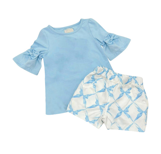 GSSO2210Light Blue Bow Top Baby Girls Summer Outfit Cute Girl's Clothing Set