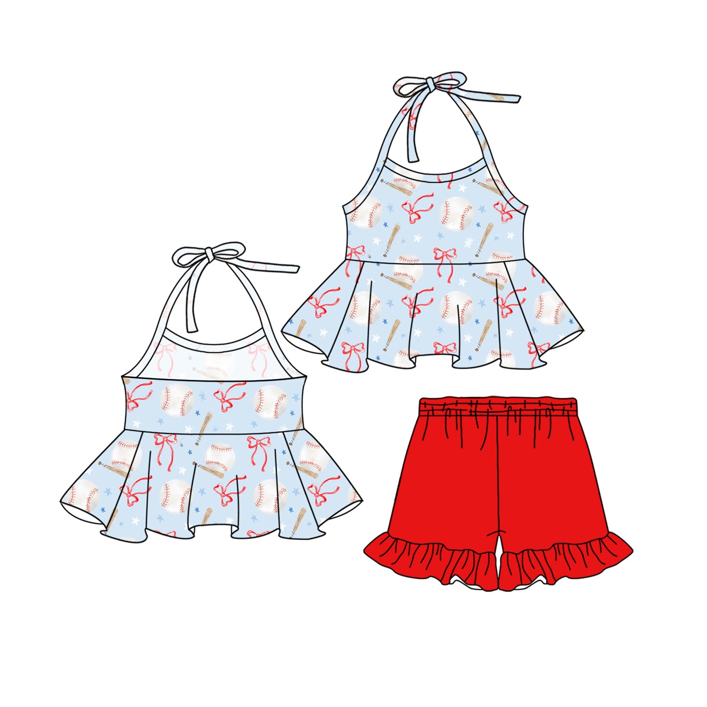 Kids Girls Baseball Halter Top Ruffle Shorts Outfit Set Cute Sportswear for Little Girls