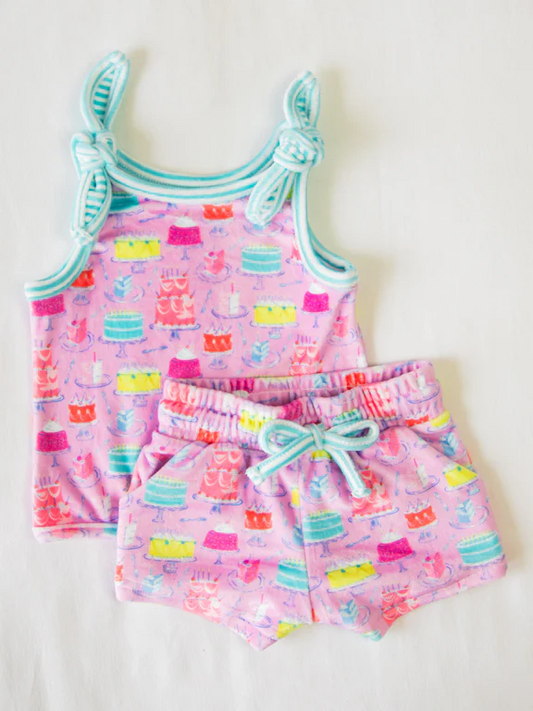 GSSO2215Girls Sleeveless Cake Happy Birthday Top Shorts Set Children's Summer Outfit Casual Sweet Party Clothing for Girls