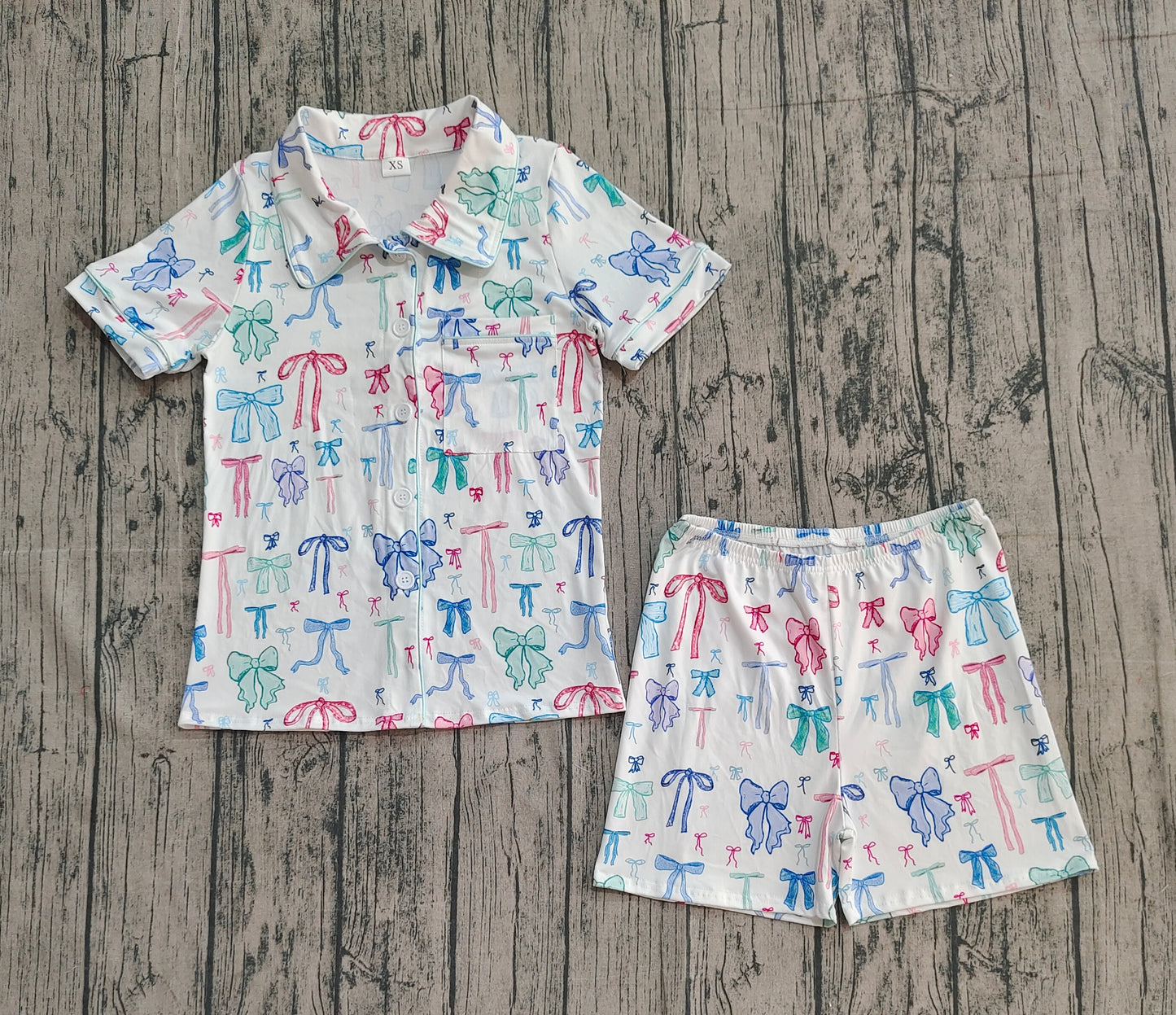 10.3 GSSO2216 Sample No Moq Adult Women Colorful Bows Lapel Buttons Tops Shorts Pajamas