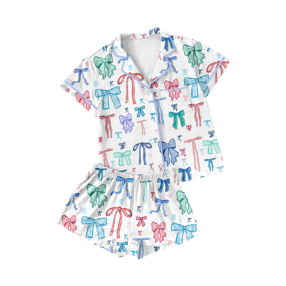 Colorful Bow Button Short-Sleeve Pajamas for Adults And Girls - Comfortable Sleepwear with Button Detailing