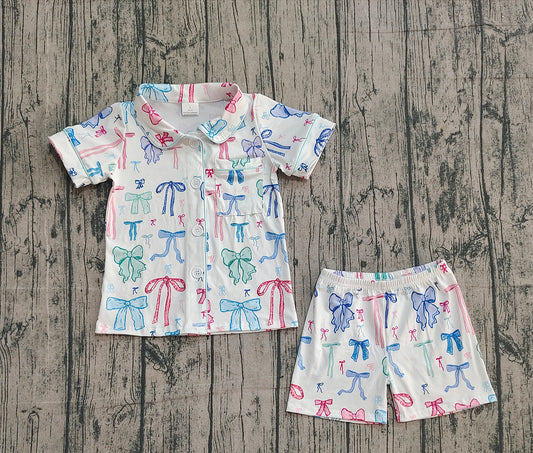 10.3 GSSO2217 Sample No Moq Baby Girls Colorful Bows Buttons Shirts Top Shorts Pajamas Sets