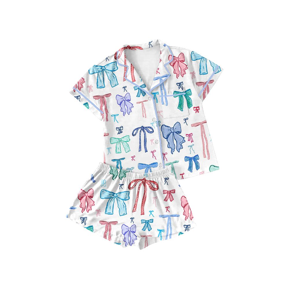 Colorful Bow Button Short-Sleeve Pajamas for Adults And Girls - Comfortable Sleepwear with Button Detailing