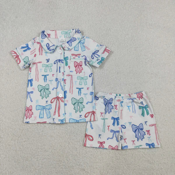 11.10 RTS Silbing Mama and Me Colorful Bows Pocket Button Top Shorts Pajamas Sets