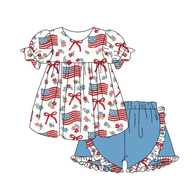 Girls Floral Flag Tunic Short Sleeve July 4th Clothing Short Shorts Patriotic Outfit for Children