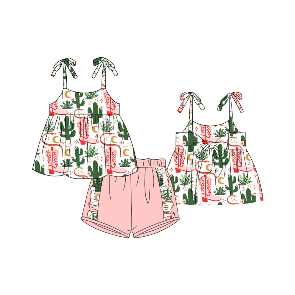 Girls Cactus Themed Tunic Ruffle Shorts Outfit with Straps Booties - Cute Casual Children's Clothing Set