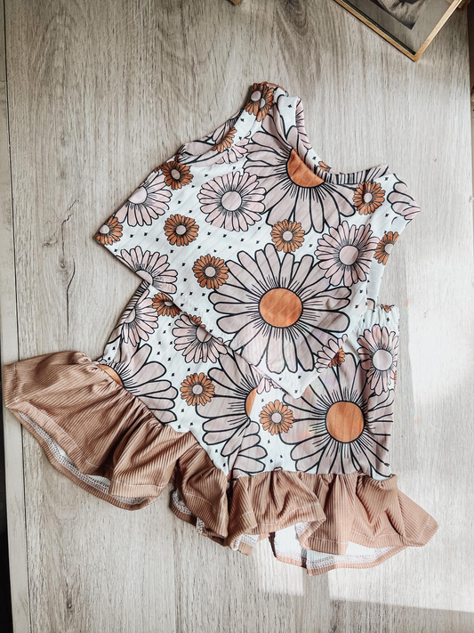 GSSO2222Kids Girls Floral Sleeveless Ruffle Top Shorts Summer Outfit Set - Breathable Comfortable Clothing for Little Girls
