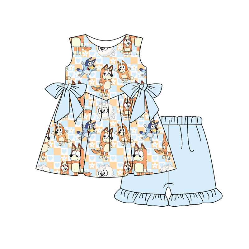 Light Blue Sleeveless Plaid Heart Girls Clothing Set Dog Pattern Children's Summer Outfit Girls' Fashionable Ensemble