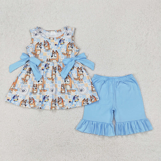 4.30 GSSO2223 RTS NO MOQ Sleeveless light blue dog plaid heart girls clothing set