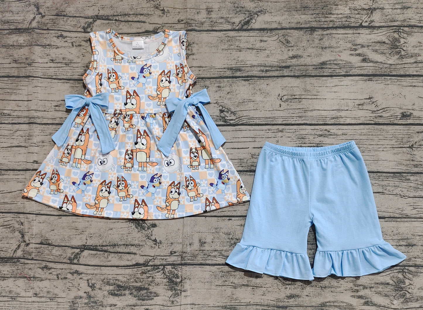 GSSO2223Light Blue Sleeveless Plaid Heart Girls Clothing Set Dog Pattern Children's Summer Outfit Girls' Fashionable Top And Skirt Set