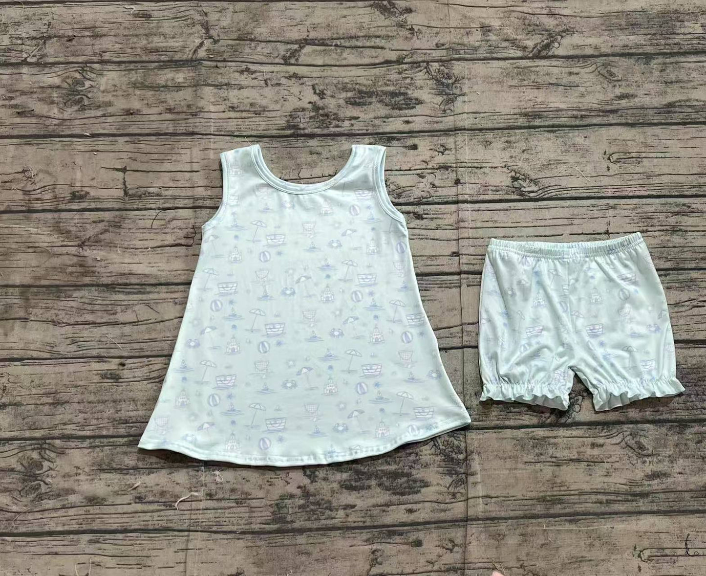 GSSO2224Light Blue Sleeveless Girls Top with Crab Castle Beach Ball Design Children's Casual Fun Print T-Shirt for Girls