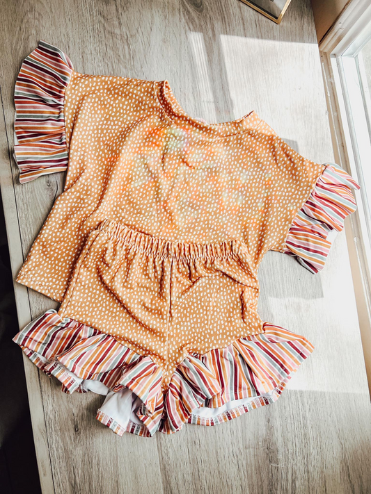 GSSO2227Girls Ruffle Top Shorts Set Short Sleeves Striped Outfit for Kids