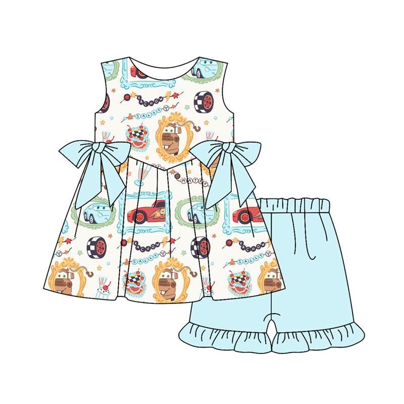 Kids Girls Sleeveless Tunic Ruffle Shorts Outfit Car Cake Theme Children's Clothing Set