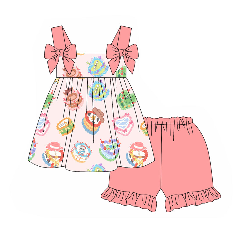 Girls Bow Strap Tunic Shorts Set Cute Toy Cake Print Top And Bottoms Children's Clothing Set for Girls